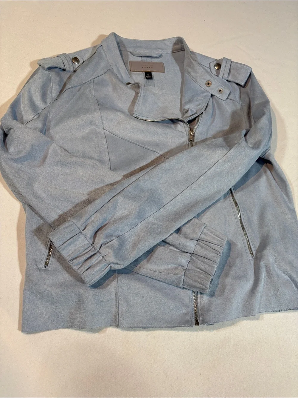 Blank NYC Women's Blue Suede Moto Jacket Asymmetrical Design and Lapels. Small